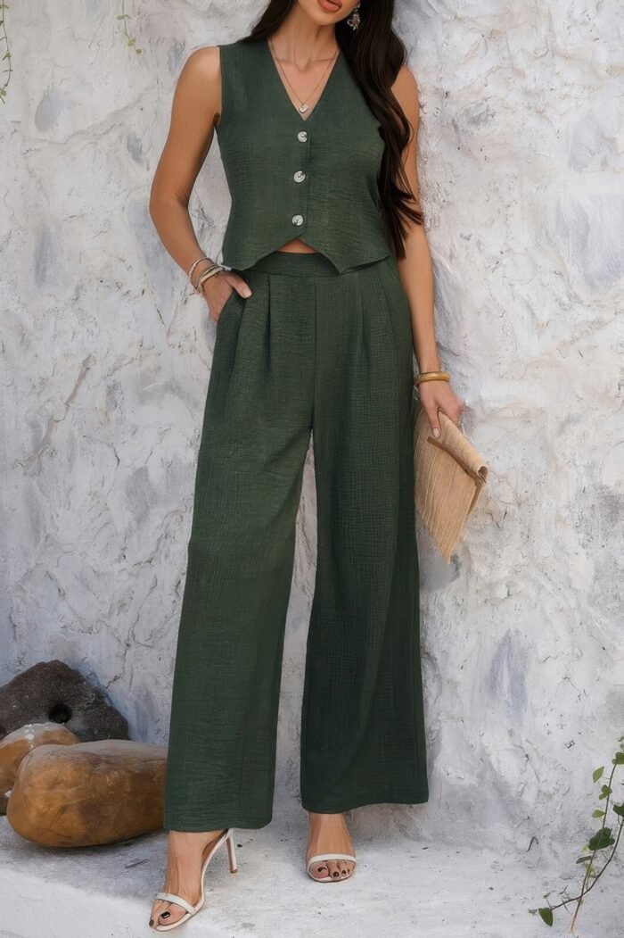 Solid v neck button vest pleated suit sets - image 12