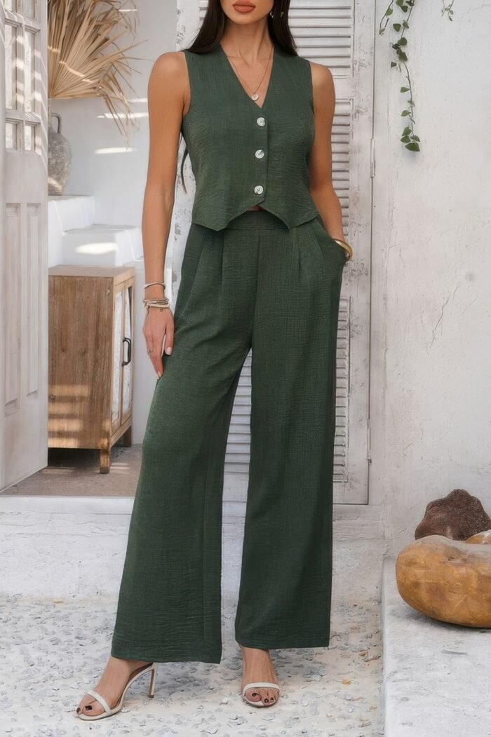 Solid v neck button vest pleated suit sets - image 15