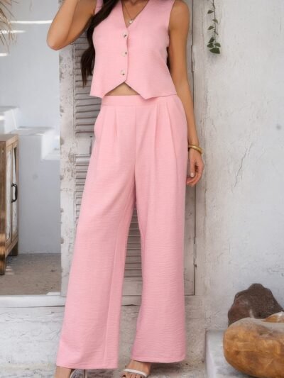 Solid V Neck Button Vest Pleated Suit Sets Solid V Neck Button Vest Pleated Suit Sets