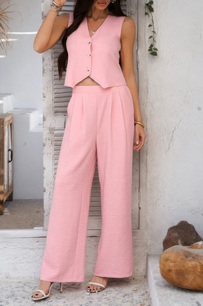 Solid v neck button vest pleated suit sets - image 21