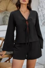 Two Pieces Tie Open Front V Neck Long Sleeve Sets