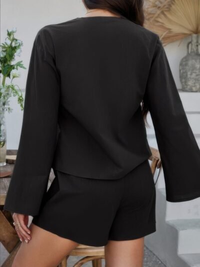 Two Pieces Tie Open Front V Neck Long Sleeve Sets Two Pieces Tie Open Front V Neck Long Sleeve Sets