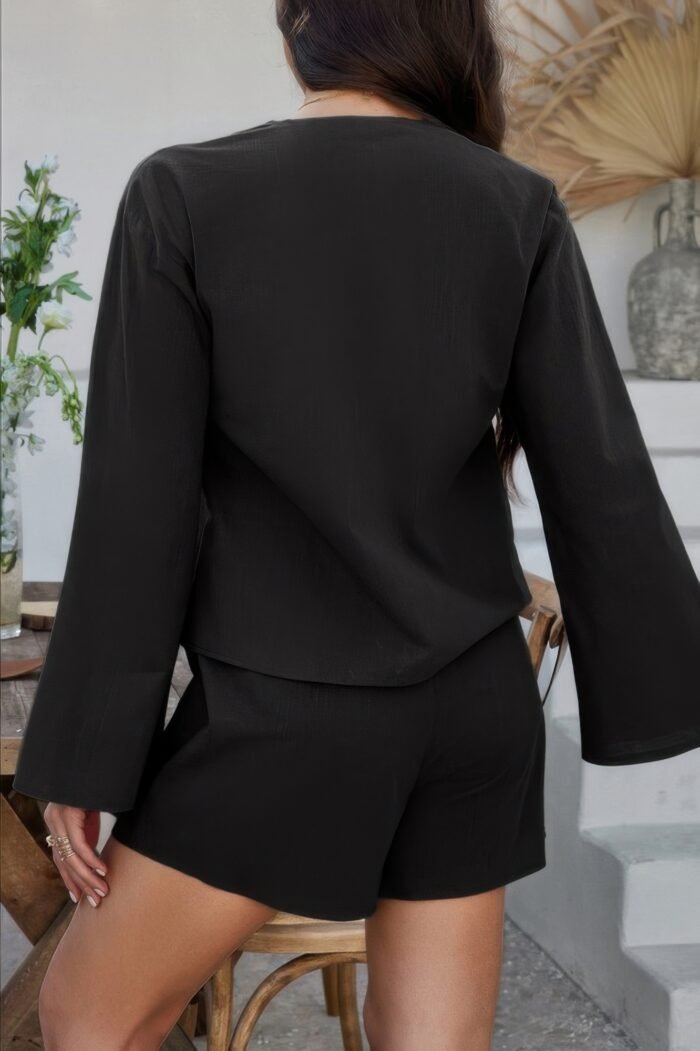 Two Pieces Tie Open Front V Neck Long Sleeve Sets - Image 2