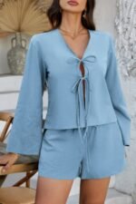 Two Pieces Tie Open Front V Neck Long Sleeve Sets - Image 4