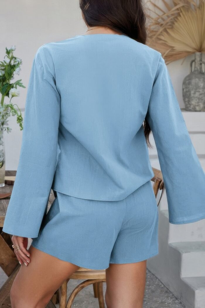 Two Pieces Tie Open Front V Neck Long Sleeve Sets - Image 5