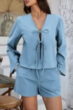 Two Pieces Tie Open Front V Neck Long Sleeve Sets - Image 6