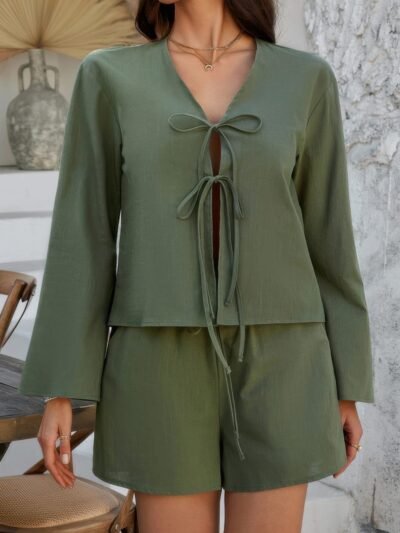 Two Pieces Tie Open Front V Neck Long Sleeve Sets Two Pieces Tie Open Front V Neck Long Sleeve Sets