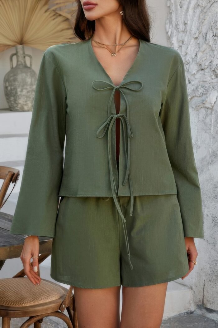 Two Pieces Tie Open Front V Neck Long Sleeve Sets - Image 7