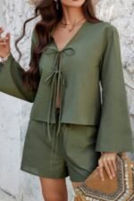 Two Pieces Tie Open Front V Neck Long Sleeve Sets - Image 8