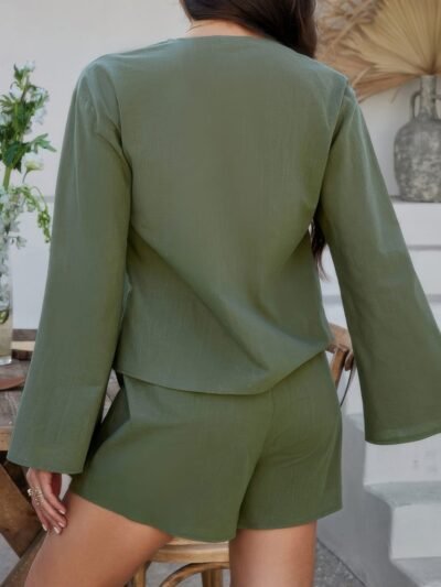 Two Pieces Tie Open Front V Neck Long Sleeve Sets Two Pieces Tie Open Front V Neck Long Sleeve Sets