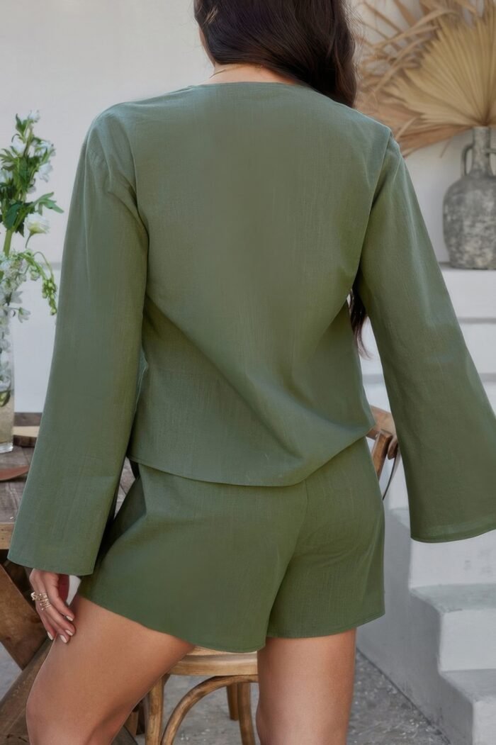 Two Pieces Tie Open Front V Neck Long Sleeve Sets - Image 9