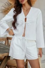 Two Pieces Tie Open Front V Neck Long Sleeve Sets - Image 10