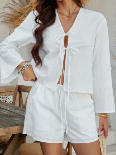 Two Pieces Tie Open Front V Neck Long Sleeve Sets Two Pieces Tie Open Front V Neck Long Sleeve Sets