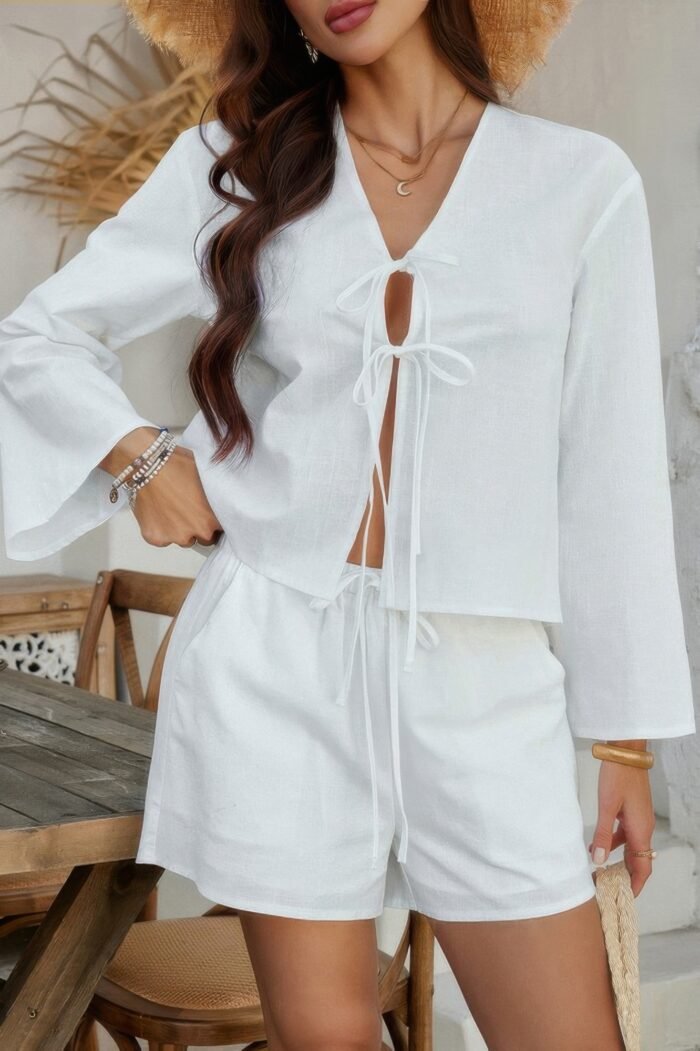 Two Pieces Tie Open Front V Neck Long Sleeve Sets - Image 10