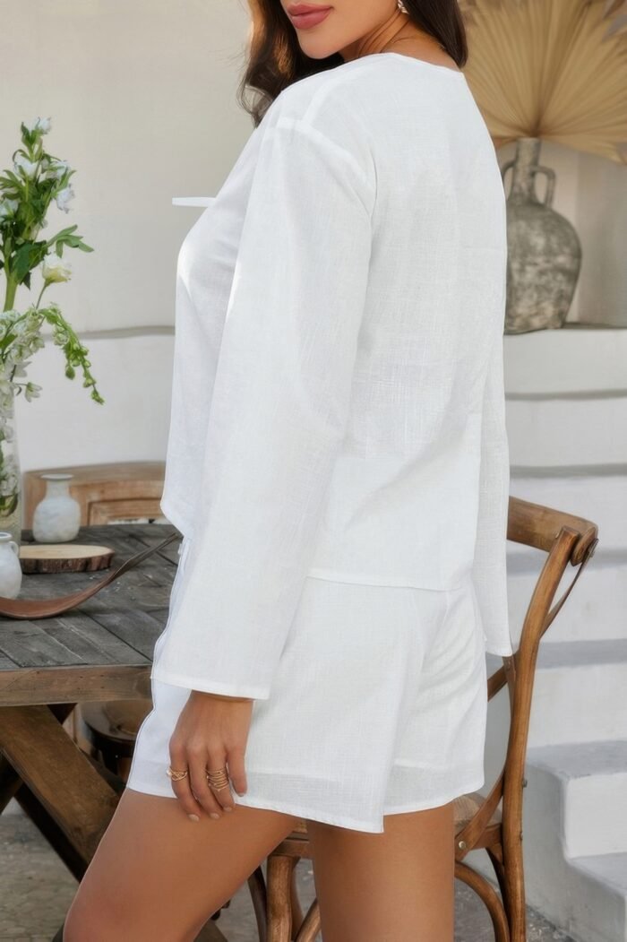 Two Pieces Tie Open Front V Neck Long Sleeve Sets - Image 12