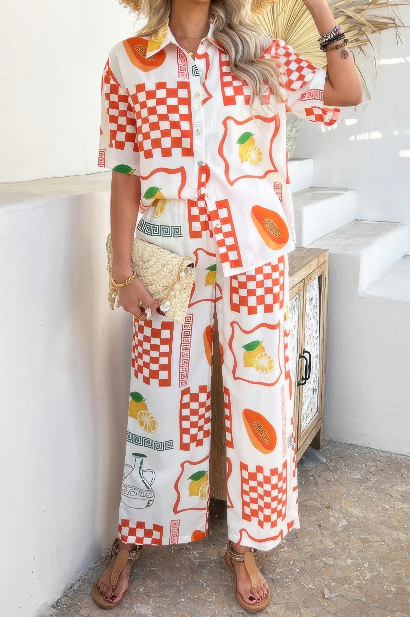 Two Pieces All Over Print Button Down Long Sets