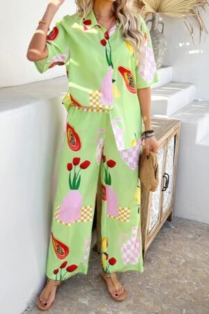 Two Pieces All Over Print Button Down Long Sets