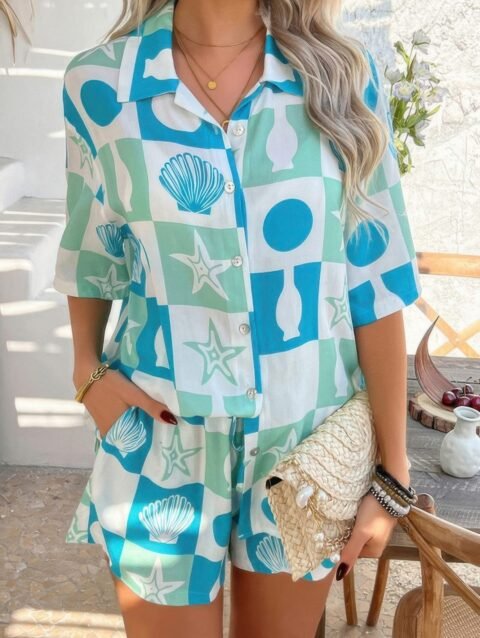 Two Pieces All Over Print Button Down Short Sets
