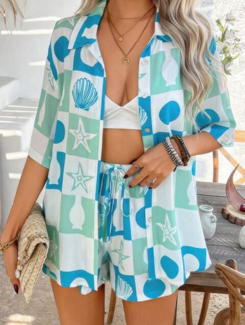Two Pieces All Over Print Button Down Short Sets