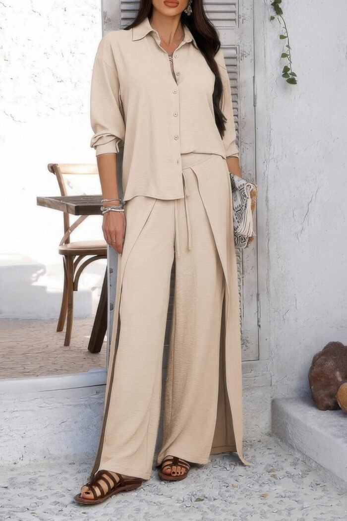 Two pieces split solid button down sets - image 4