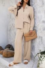 Two Pieces Solid Button Down Blouse Pant Sets - Image 2