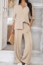 Two Pieces Solid Button Down Blouse Pant Sets - Image 3