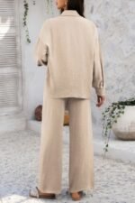 Two Pieces Solid Button Down Blouse Pant Sets - Image 4