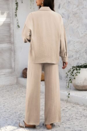 Two Pieces Solid Button Down Blouse Pant Sets