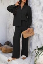 Two Pieces Solid Button Down Blouse Pant Sets - Image 6