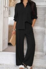 Two Pieces Solid Button Down Blouse Pant Sets - Image 7
