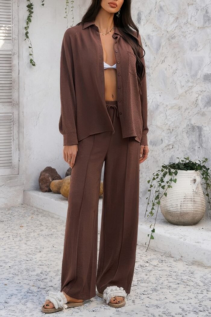 Two pieces solid button down blouse pant sets - image 9
