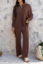 Two Pieces Solid Button Down Blouse Pant Sets - Image 10