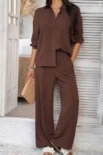 Two Pieces Solid Button Down Blouse Pant Sets - Image 11
