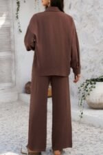 Two Pieces Solid Button Down Blouse Pant Sets - Image 12