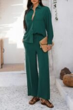 Two Pieces Solid Button Down Blouse Pant Sets - Image 14