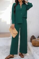 Two Pieces Solid Button Down Blouse Pant Sets - Image 15