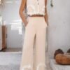 Two Pieces V Neck Button Lace Decorate Long Pants