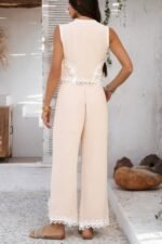 Two Pieces V Neck Button Lace Decorate Long Pants - Image 2
