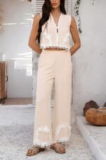 Two Pieces V Neck Button Lace Decorate Long Pants - Image 3