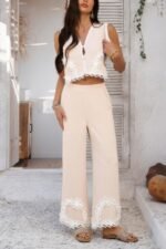 Two Pieces V Neck Button Lace Decorate Long Pants - Image 4