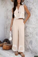 Two Pieces V Neck Button Lace Decorate Long Pants - Image 5
