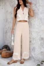 Two Pieces V Neck Button Lace Decorate Long Pants - Image 6