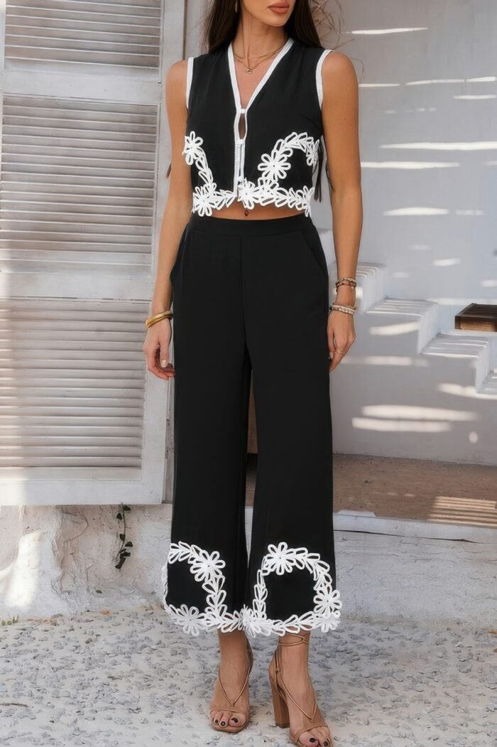 Two pieces v neck button lace decorate long pants - image 7