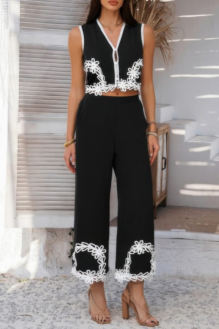 Two pieces v neck button lace decorate long pants - image 8