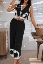 Two Pieces V Neck Button Lace Decorate Long Pants - Image 9