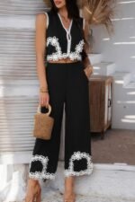 Two Pieces V Neck Button Lace Decorate Long Pants - Image 11