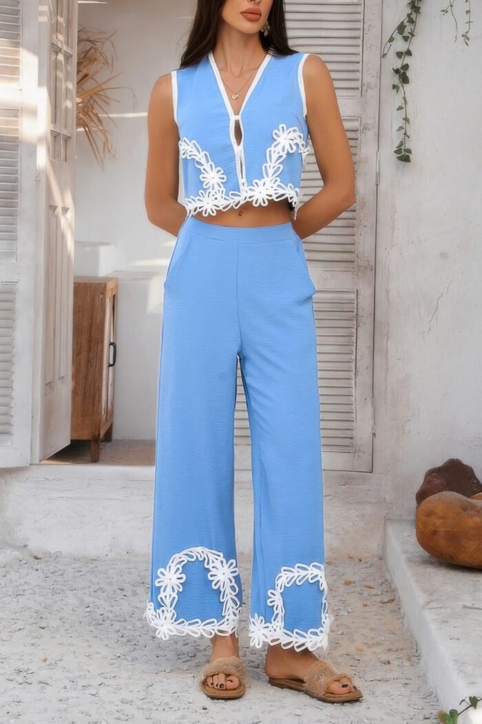 Two pieces v neck button lace decorate long pants - image 12