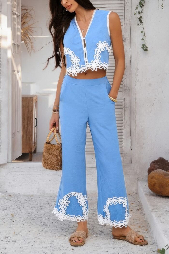 Two pieces v neck button lace decorate long pants - image 14