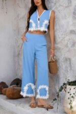 Two Pieces V Neck Button Lace Decorate Long Pants - Image 15
