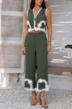 Two Pieces V Neck Button Lace Decorate Long Pants - Image 16